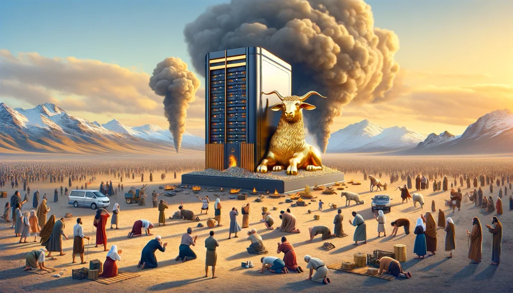 AI montage of super computer, golden calf, worship, impending destruction 
