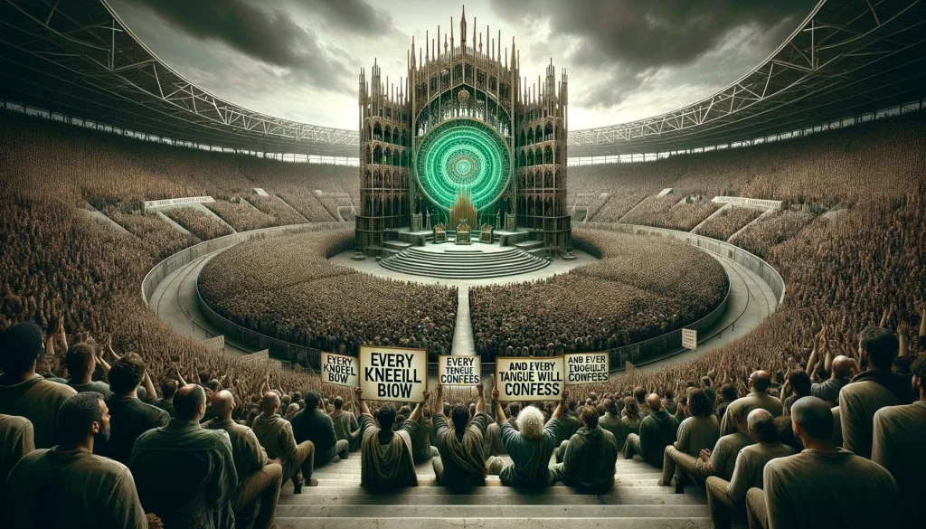 emerald green throne countless people worship before the throne of the lamb who was slain